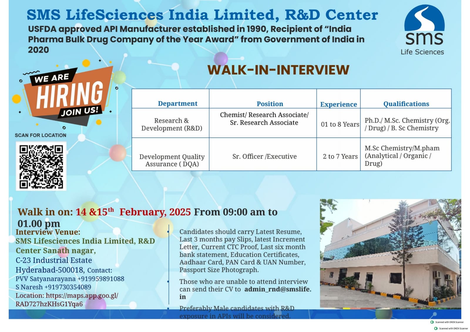 Walk-in Interview at SMS LifeSciences India Limited, R&D Center – February 2025